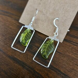 Whimsical Green Glass Leaf Rectangular Earrings
